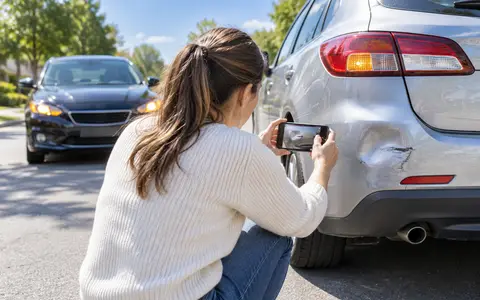 Persona fotografiando con el celular un golpe en el paragolpes de un auto