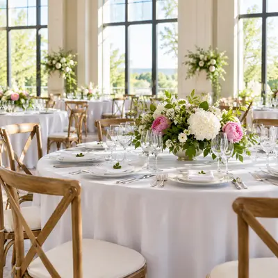 Salón de eventos con mesas preparadas