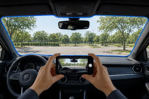 Vista del parabrisas completo desde el asiento del conductor, con el celular en horizontal
