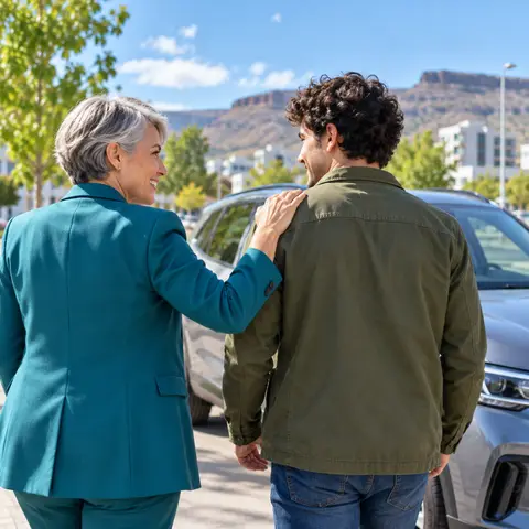 Asesora caminando junto a un cliente hacia su auto