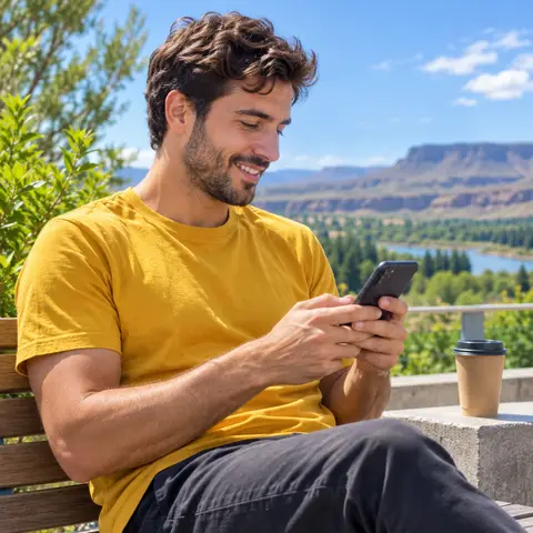 Joven resolviendo un trámite desde el celular en una terraza