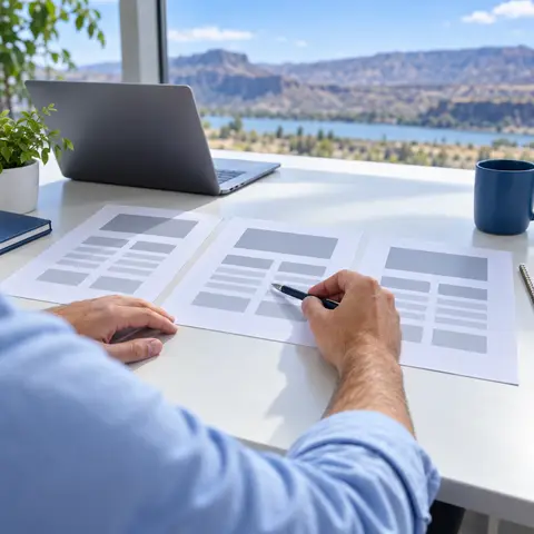 Asesor comparando cotizaciones impresas sobre un escritorio